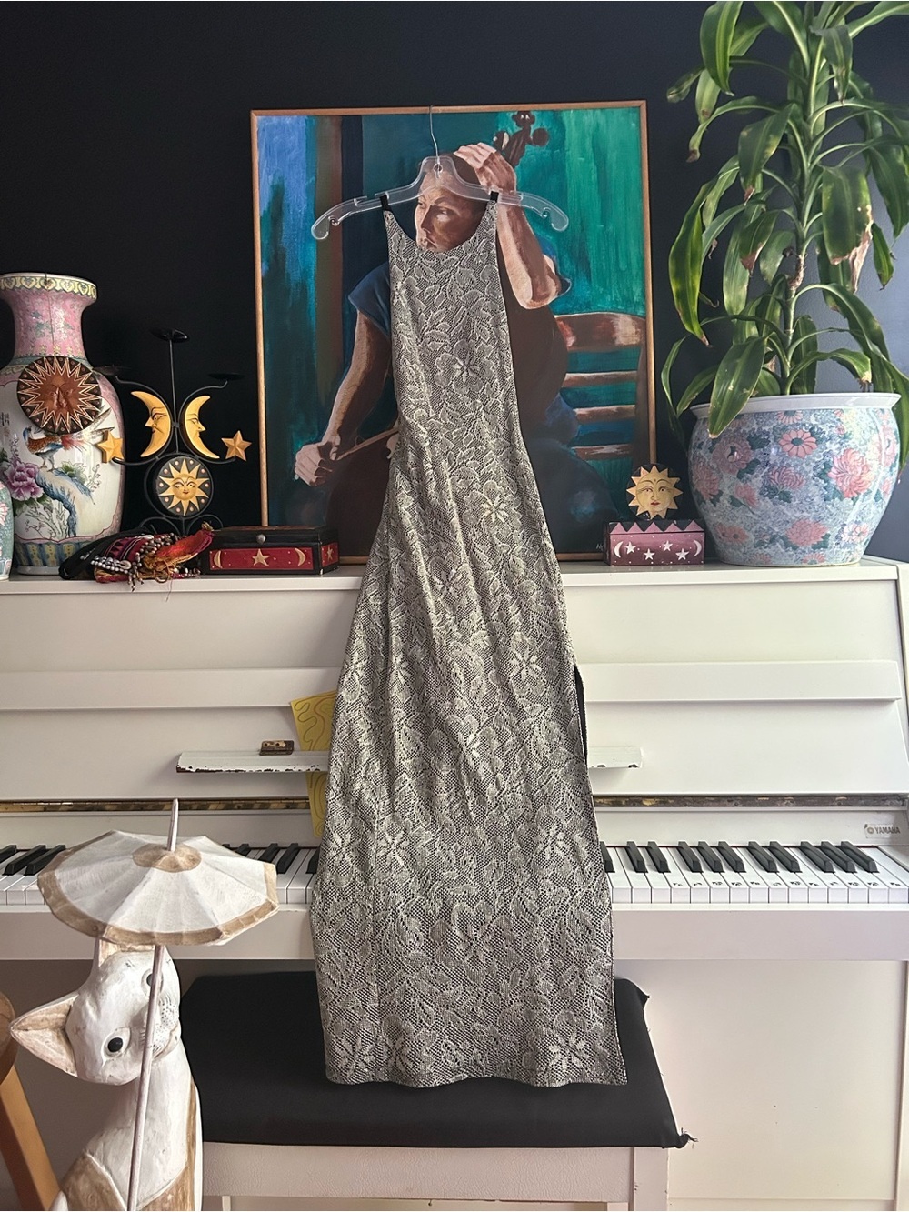 Vintage Fairweather Metallic Silver Black Snakeskin Maxi Dress Made in Canada